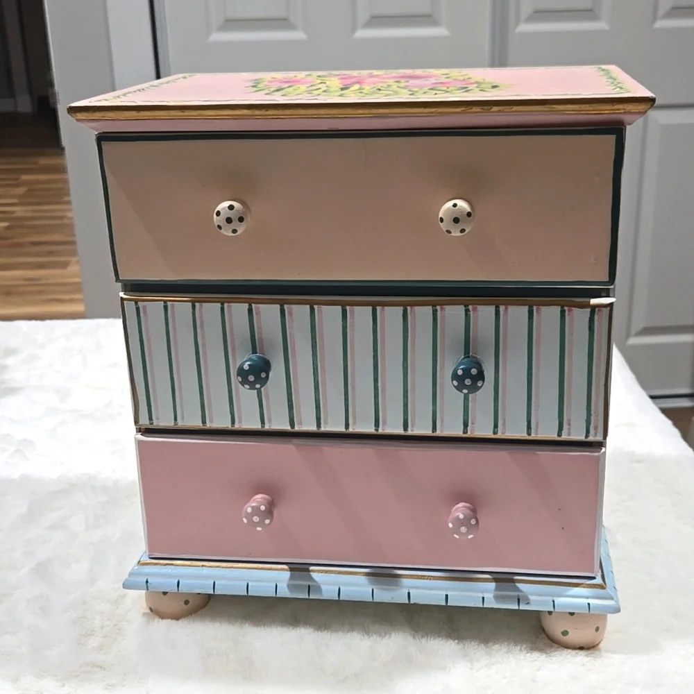 Hand painted jewelry chest blue, pink, yea, gold, peach